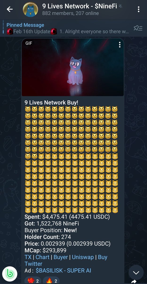 ninelivestoken's tweet photo. Up 46% for today Cat Fam!! Our thick LP, KYC Dev and even more based Community keeps growing!!
Whales are watching ๐ณ
$NineFi #Roadto100Million #Bullish #Catish https://t.co/i2MULT9qYU