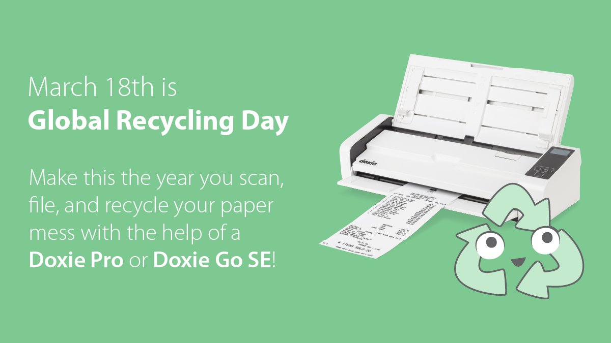 Doxie's tweet photo. March 18th is Global Recycling Day! Make this the year you scan, file, and recycle your paper mess with the help of a Doxie Pro or Doxie Go SE!

https://t.co/gpK7tpQNRG https://t.co/YffJgkilc4