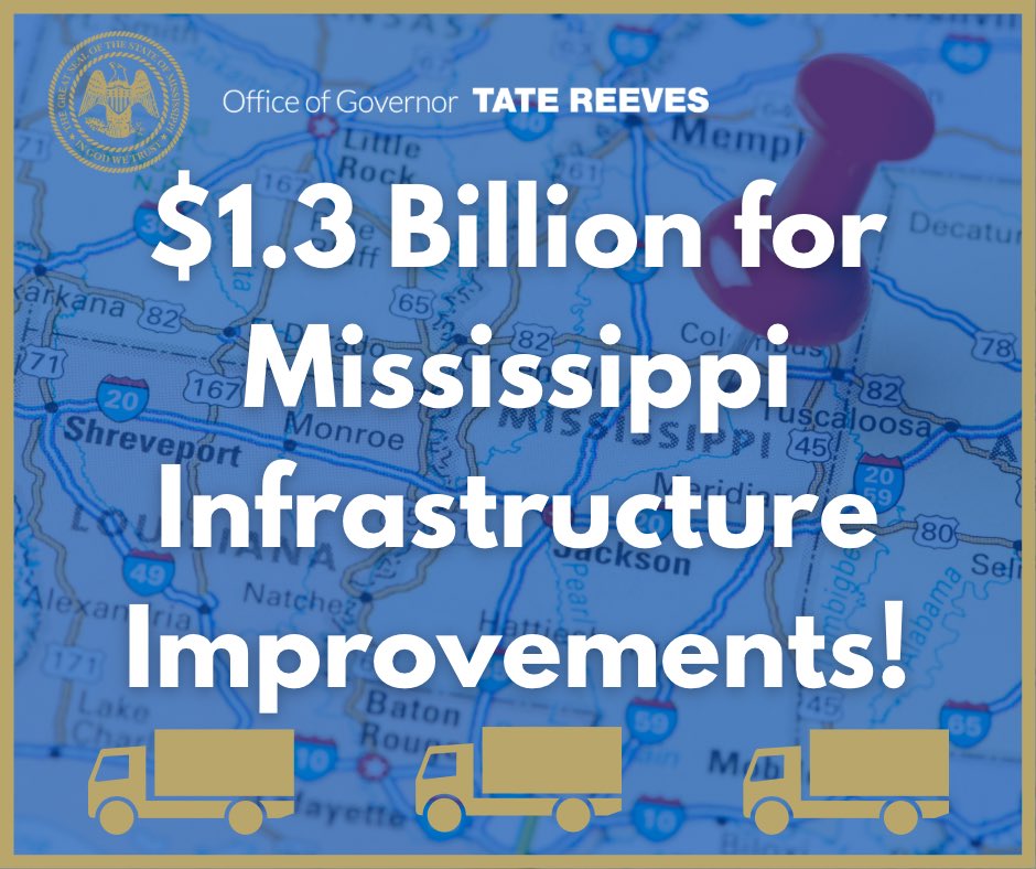 tatereeves's tweet image. I am proposing $1.3 billion in transportation infrastructure projects all across Mississippi.

We will build the great roads and bridges that our state deserves!