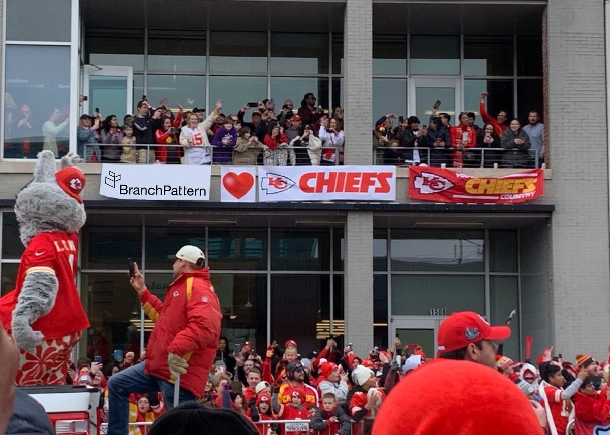 BranchPattern's tweet photo. We had such a fantastic time at the @Chiefs Victory Parade yesterday! 
 
Friends, family, and loyal fans surrounded us as we celebrated our World Champions! 🏈🏆🥳
 
Thanks for all the memories this 2022-2023 season, and we can't wait to cheer you on next season!
 
#SBLVII https://t.co/bevUh5ynA2