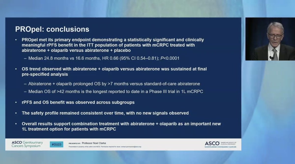 #GU23 @ASCO Much awaited data from the ph3 Propel shows continued rPFS benefits + strong trend for OS (7 month) benefit with abiraterone + olaparib vs. abiraterone in 1st line mCRPC in HRR pos & neg #prostatecancer 👇 @OncoAlert @PCF_Science @MedIQCME #MedIQGU23