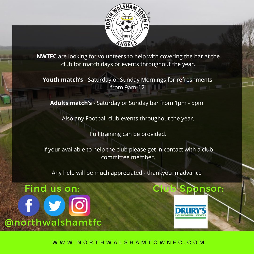 northwalshamtfc's tweet photo. 🌟WE NEED YOU🌟

Please get in touch with a committee member if you can volunteer at @northwalshamtfc 🙏

#nwtfc #volunteers #weneedhelp #localfootballclub #localfootball #northwalsham https://t.co/A8fUcqD5DZ