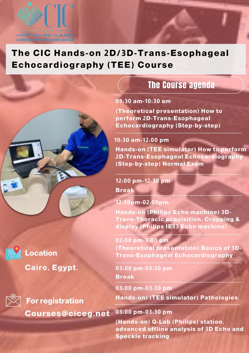 DrHaniMahmoud's tweet photo. The next course will be on:
Thursday: 9th of March 

The CIC Hands-on 2D/3D-Trans-Esophageal Echocardiography Course

For registration and details, please email:
Courses@ciceg.net https://t.co/Ip07oW0ZWI