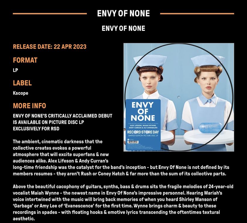 Per il Record Store day che avverrà il 22 Aprile 2023, verrà pubblicato il picture disc dell'omonimo e primo album degli Envy of None
recordstoreday.com
#envyofnone <a href="/EnvyOfNone_/">Envy Of None</a> <a href="/maiahwynne/">Maiah Wynne</a> <a href="/rushtheband/">Rush</a>