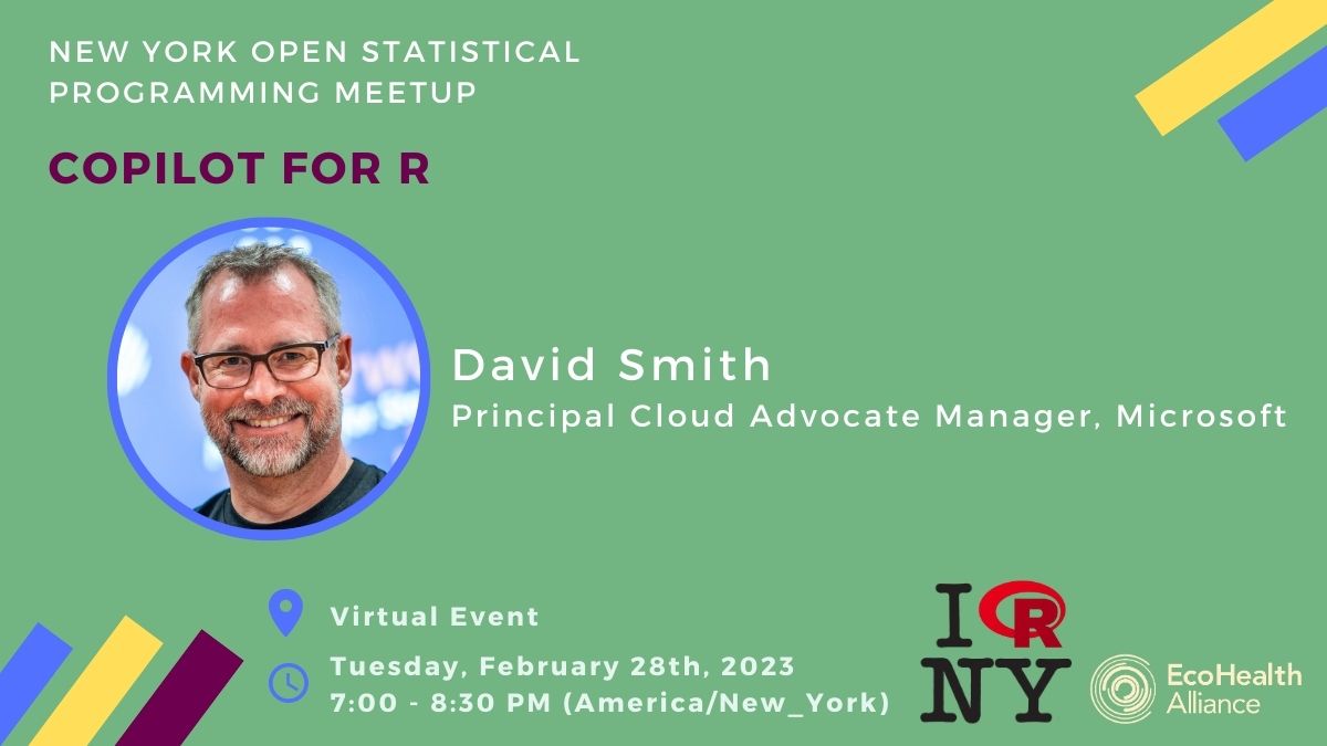 nyhackr's tweet photo. This month's #rstats meetup is on Tues Feb 28th w/ David Smith (@revodavid) who will be talking about Copilot!

💻 Fully VIRTUAL

🎫 Also we'll be giving away a FREE ticket to @DataCouncilAI Austin &amp; D4 Conference (@d4con) to 2 lucky attendees!

RSVP now➡ https://t.co/b2imkKmKu5 https://t.co/jQlVLUYpDq