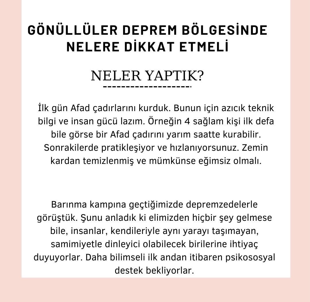 Arkadaşlar, deprem bölgesinde gönüllü çalışmakla ilgili tecrübelerime dayanarak sizler için bilgilendirme paylaşımı hazırladım. Maalesef ülke olarak yakın gelecekte benzer durumlarla yine karşı karşıya kalacağız ve sahada insan kaynağına ihtiyaç duyulacak. Umarım bir faydası olur