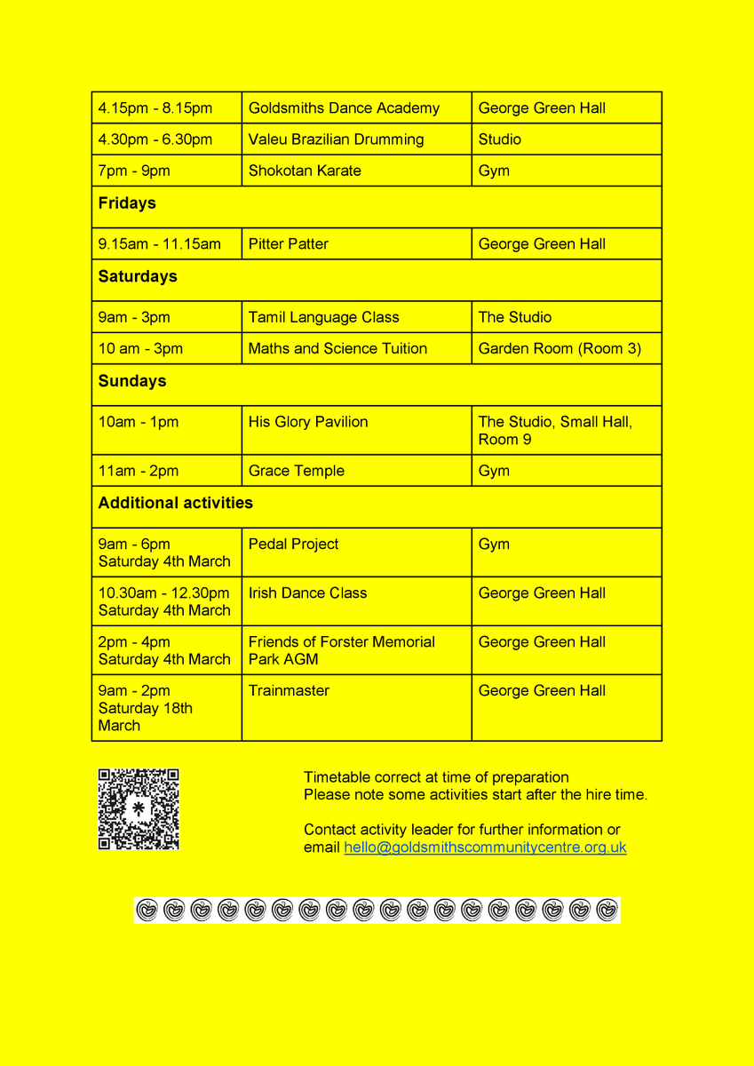 There's a lot going on at Goldsmiths Community Centre. Here's our March timetable (correct at time of printing).