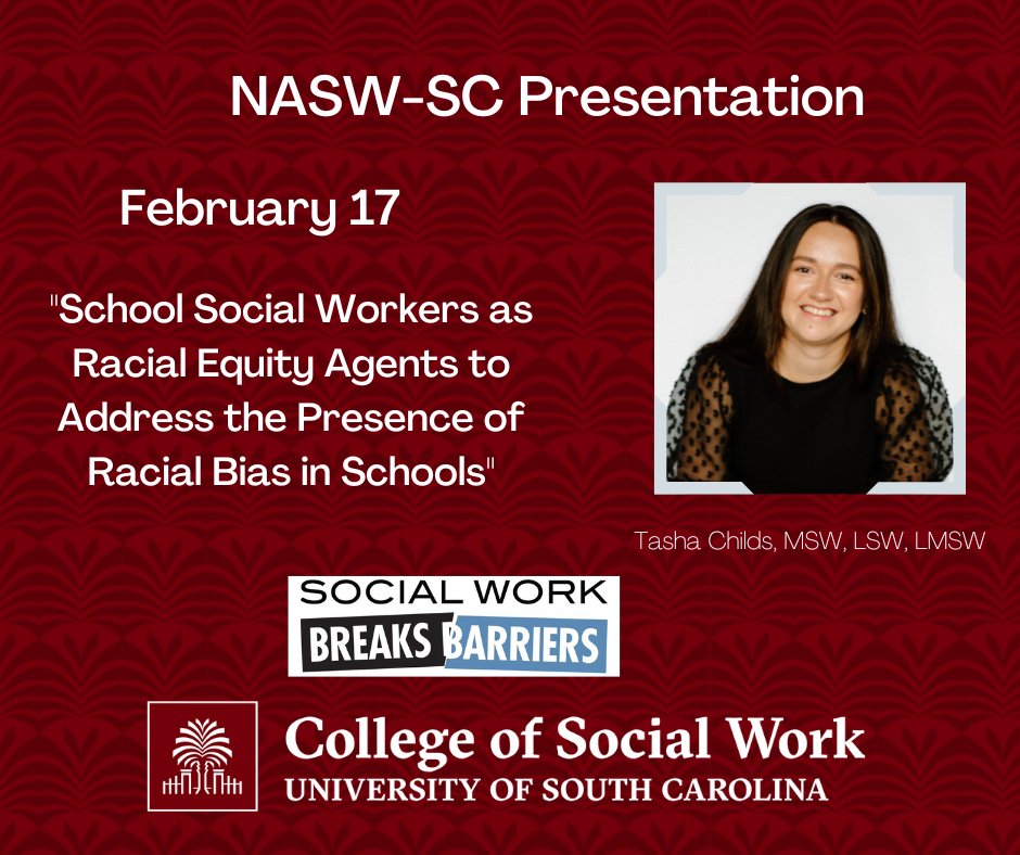 Join @Tasha_MSW today at the @NASWSC mini-symposium! She'll be sharing insights on teacher racial bias with a focus on #SC. More information or to register: bit.ly/3jXdpMt @USCResearch  #socialwork #racialbias #research