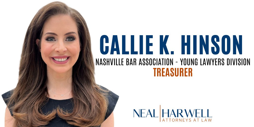 Neal &amp; Harwell domestic attorney Callie Hinson has been elected Treasurer of the 2023 Executive Board for the <a href="/NashvilleBar/">Nashville Bar Association</a> Young Lawyers Division. Learn more about Callie: ow.ly/8XMj30s8L68.