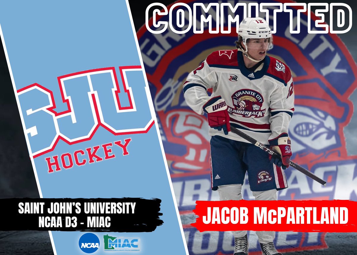 Congrats to forward, Jacob McPartland on his most recent commitment to play at St. John’s University!

McPartland has played in 36 games for the Jacks. He’s added 36pts in his time in Granite City. He was 1 of 5 Jacks players to represent the organization at NA3HL Top Prospects.