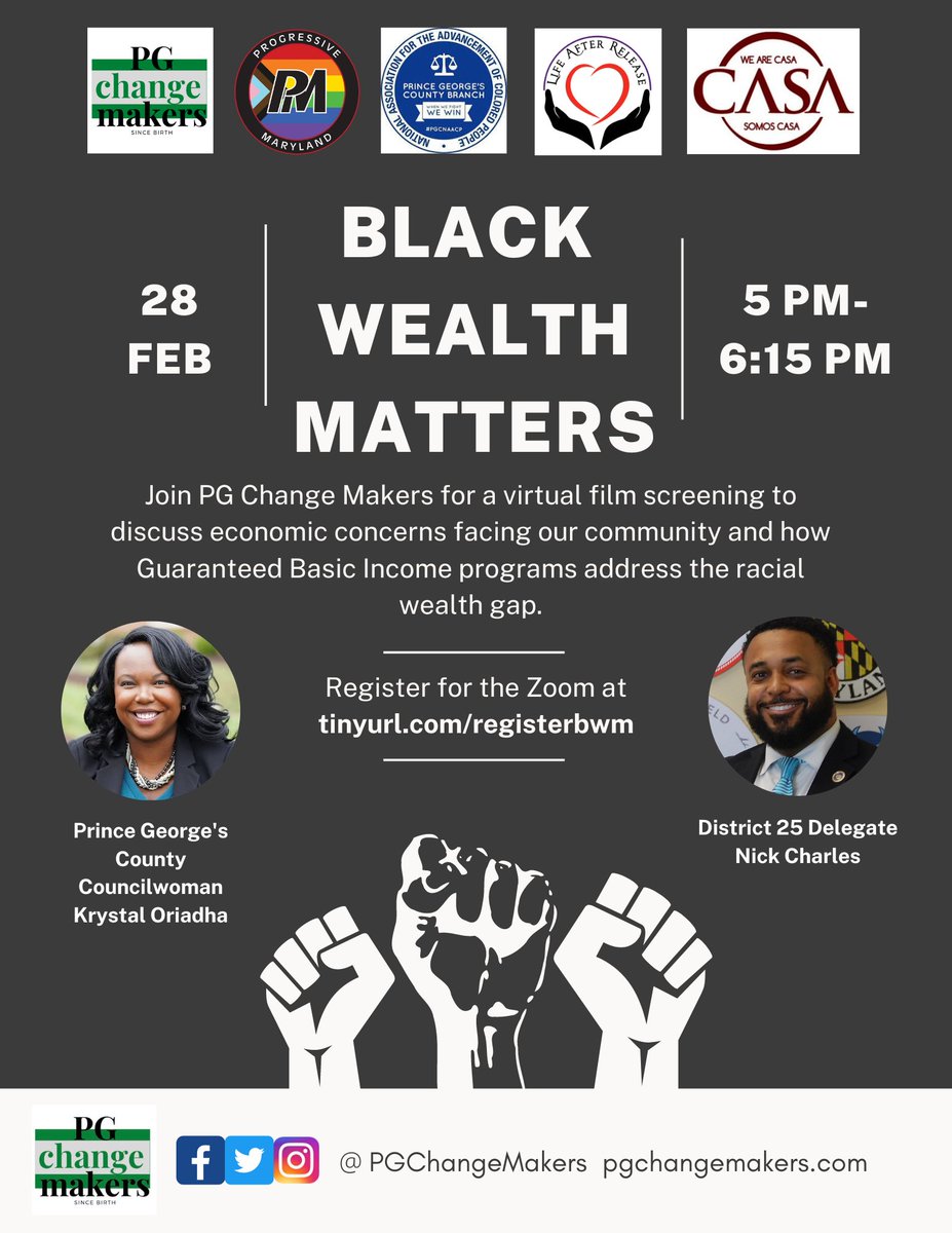 Join the Prince George's County GBI Coalition, Councilmember Krystal Oriadha, and District 25 Delegate Nick Charles on February 26th at 5pm to address the racial wealth gap and discuss how Guaranteed Basic Income is the solution we need