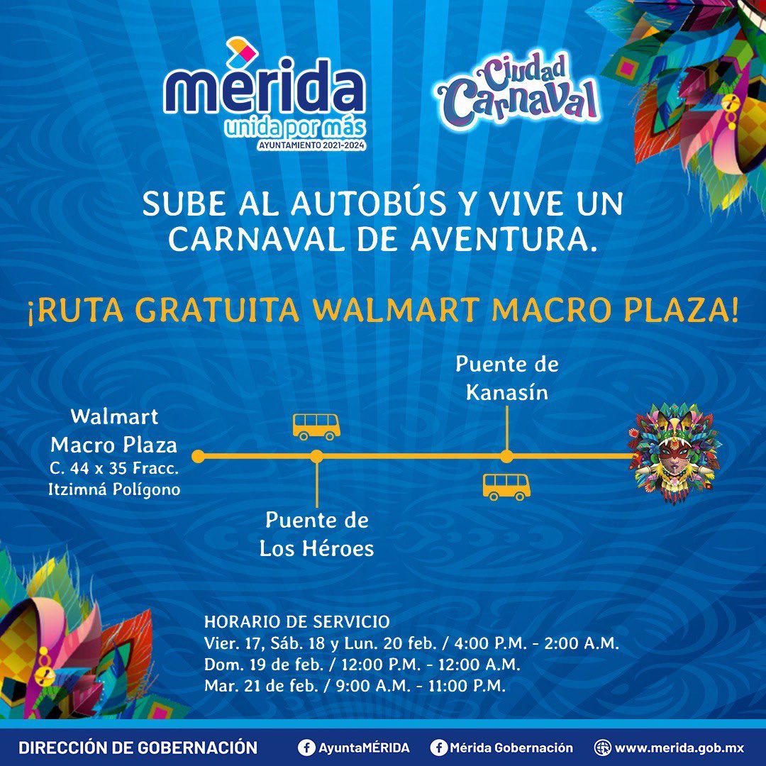 ¡Súbete a la ruta y disfruta del #CarnavalDeMérida!

Conoce todas las rutas gratuitas que del 17 al 21 de febrero estarán funcionando. 

No hay pretexto para faltar🎉. #LaFiestaDeLaCiudad 

@AyuntaMerida 
@RenanBarrera