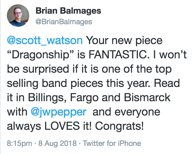 scott_watson's tweet photo. #TBT Fondly remembering how thrilled I was to have @BrianBalmages (whose music I so much admire) tweet some love about my composition, DRAGONSHIP (@AlfredMusic, Gr. 1.5)!! 😊  

You can hear it here: https://t.co/xcGjTcCzVT
#youngband #concertband #vikings #programmusic https://t.co/6LihGssvuP