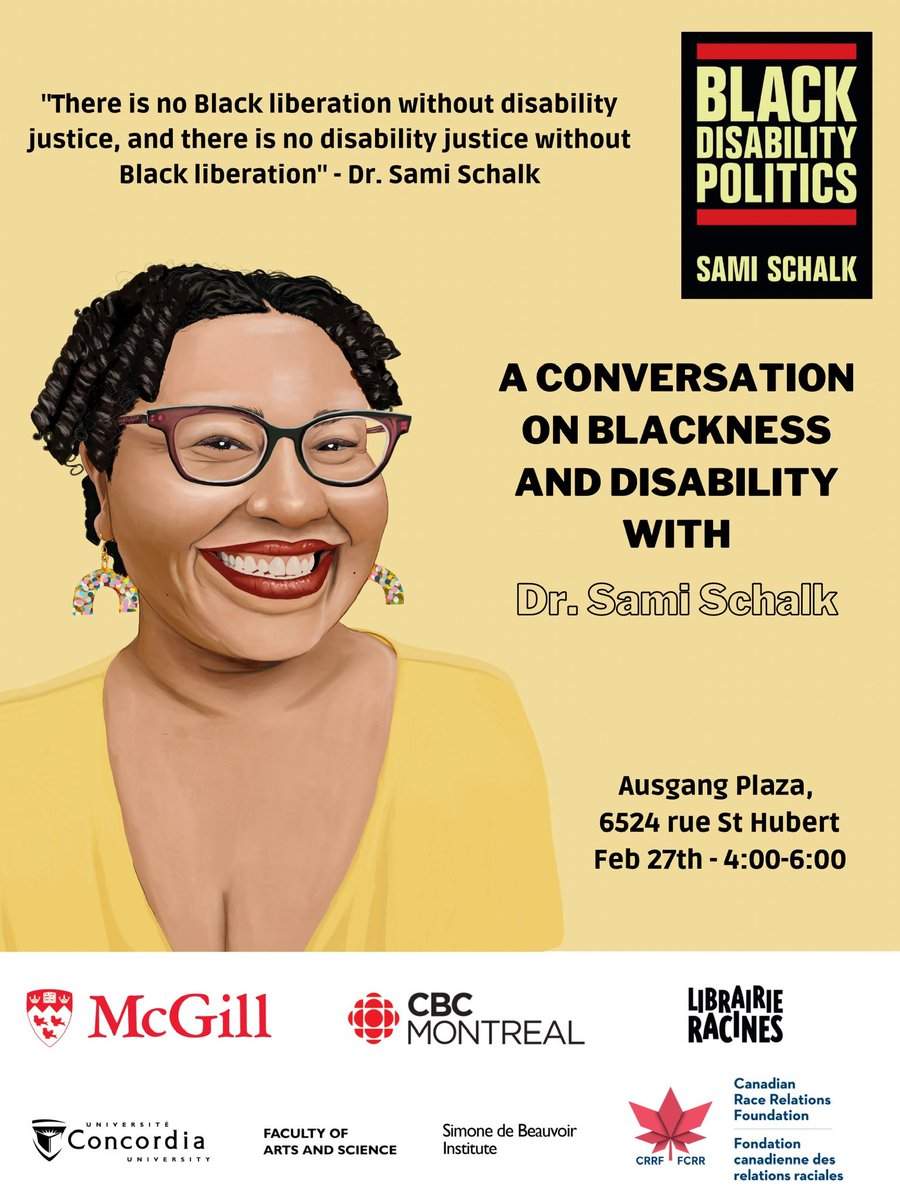A conversation on Blackness and Disability with @DrSamiSchalk with <a href="/KarineMyrgianie/">Karine-Myrgianie Jean-François (she/her, elle)</a> and Gift Tshuma, moderated by CBC host <a href="/taliindongo/">Nantali Indongo</a>. Amazing visual created by Jo’Nia Miller. Reserve your spot: eventbrite.ca/e/a-conversati…