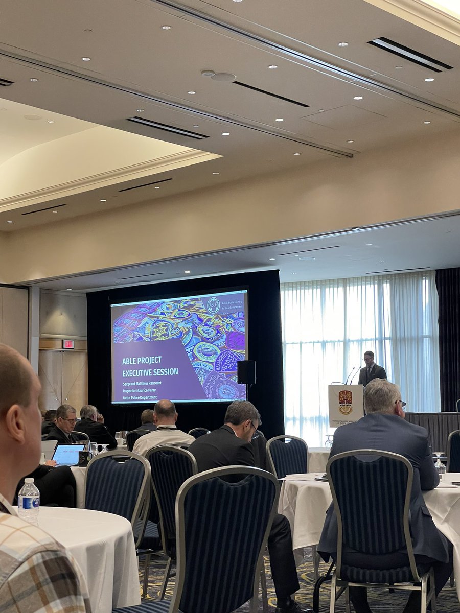 ChiefSidhu's tweet photo. Fantastic presentation by @deltapolice Insp. Mo Parry on Active Bystandership for Law Enforcement (ABLE) training to police leaders @BCACP conference.

Did you know @deltapolice has trained every officer on how to give each other feedback and monitor each other’s wellness? https://t.co/iiaHGQDPXf
