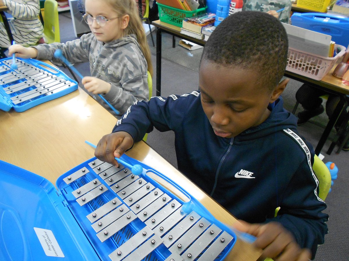 StPatricksLeic's tweet photo. Year 5 have been very excited to start their 'Glockenspiel Blues' unit in their music lessons with Miss @RosieVinter from #Diosing. Today they were reading music to play Johnny B. Goode on the glockenspiels. 
Well done, you sounded great. 
#music #primarycurriculum @sta_cmat https://t.co/K3O6zrAZUQ