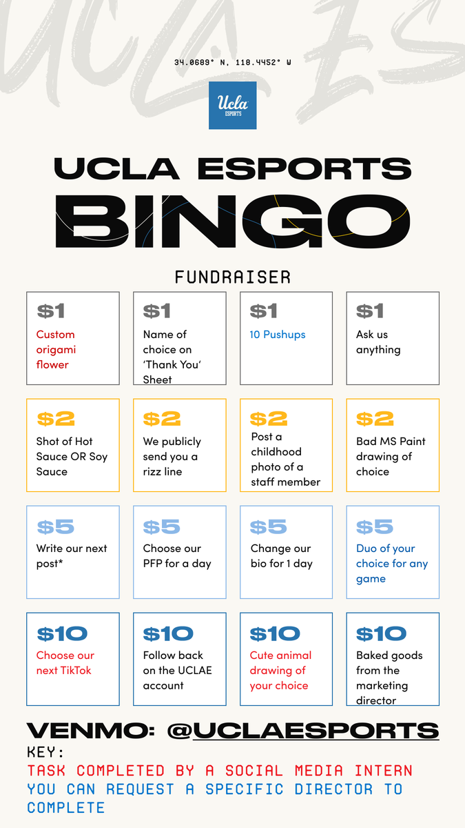 Guess who's fundraising 👀 Look to support UCLA Esports by participating in this Bingo Fundraiser! Request a director/social media intern to complete a certain task OR have something completed on the main UCLAE pages 😈 Okay so... who's first? #UCLAEsports