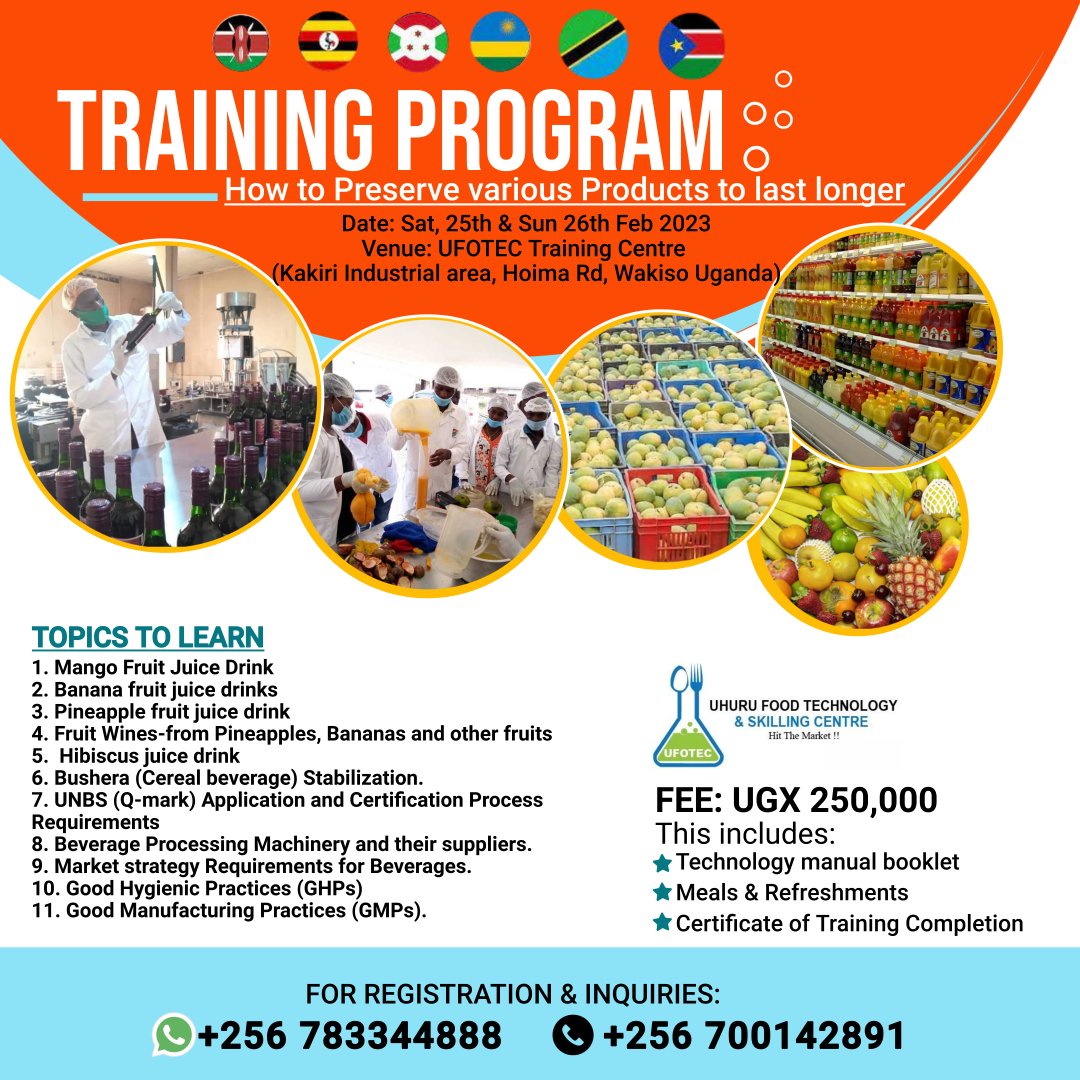 uhurudrinks's tweet photo. 25-26 FEBRUARY JUICE, BUSHERA AND WINE PROCESSING TRAINING https://t.co/Widud8SaqT