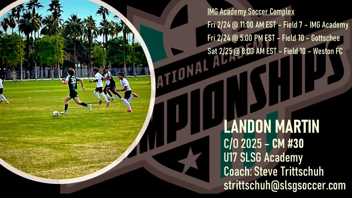 Looking forward to next weekend in Bradenton, FL!  National Academy Championships schedule👇 @SLSGsoccer <a href="/SLSGAcademy/">Saint Louis Scott Gallagher MLSNext Academy</a> <a href="/TopDrawerSoccer/">TopDrawerSoccer</a> <a href="/MLSNEXT/">MLS NEXT</a> <a href="/PrepSoccer/">Prep Soccer ⚽️</a> <a href="/ImCollegeSoccer/">College Soccer Truth ™</a> <a href="/ProcessRecruits/">THE PROCESS RECRUITS</a> <a href="/ianoheno11/">Ian Henry</a> @SoccerMomInt