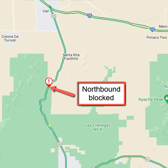 ArizonaDOT's tweet photo. *CLOSURE*
SR 83 northbound is CLOSED near Davison Ranch Road.
The closure is due to a crash at milepost 47.
Expect delays and seek an alternate route.
There is no estimated time to reopen the highway.
#aztraffic #SR83 https://t.co/TCz0boUKVX
