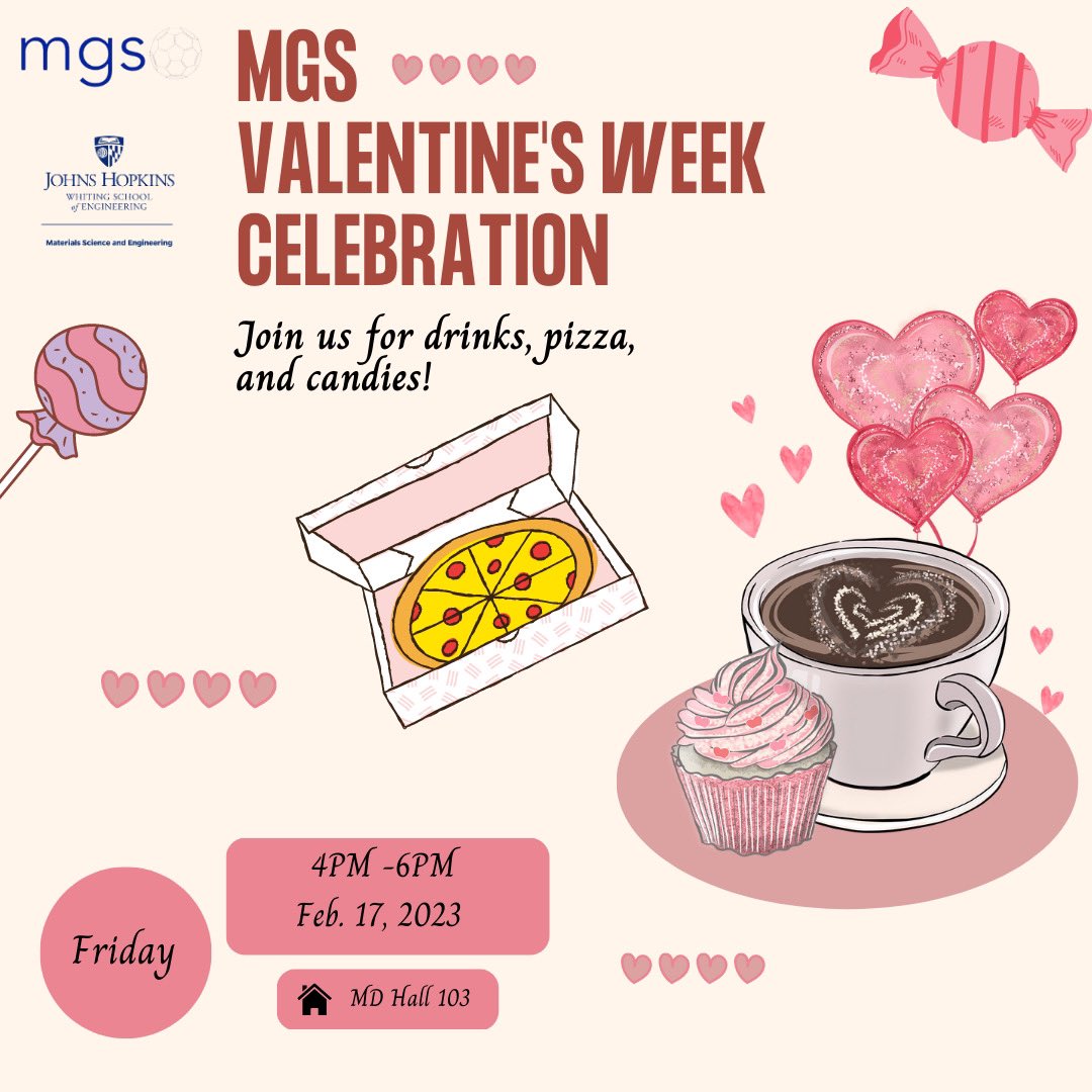 JHUMGS's tweet photo. Well you might think Valentines Day is over! BUT! MGS wants to make it a a Valentines Week! Come join us tomorrow for some candy, pizza, and drinks!

@jhumaterials https://t.co/mzEq40mMkf