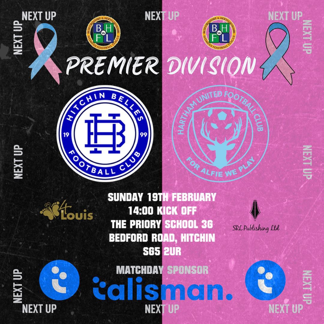 HarthamLadies's tweet photo. NEXT UP

🆚 @HBFCWomen 
🏆 @BHWGFL Premier Division
📆 19/02/23
🕥 14:00
🏟 The Priory School 3G, Hitchin
📍 SG5 2UR

Media: @SRLPublishing 
Matchday: @talisman_tech 
Training: Shades Sports &amp; Pool Bar 
Supporting: @_4Louis @Nine4Norah 

Graphics By: @_ACM_Media 

#ForAlfieWePlay https://t.co/gnXLs2oWw6