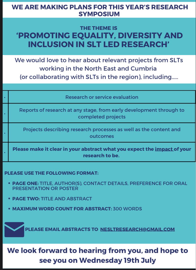 ‘PROMOTING EQUALITY, DIVERSITY & INCLUSION IN SLT LED RESEARCH'

❕ABSTRACT DEADLINE: 30th April

❕RESEARCH SYMPOSIUM; 19th July 

Please share and join us…. Full program coming soon 
 @EmilyElifSLT @JamesHFaraday @CAHPRNNorthEast