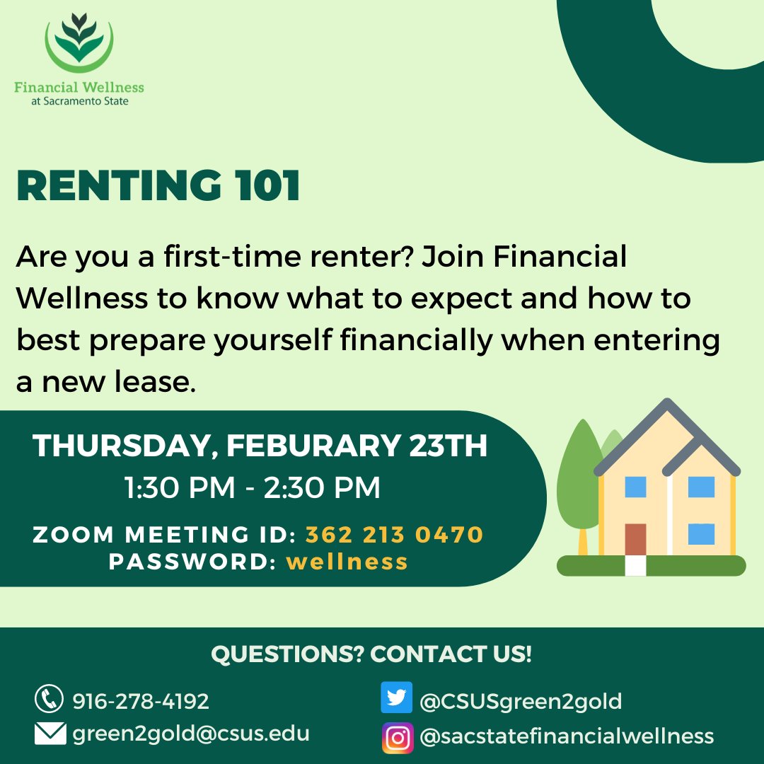 Looking for a new apartment? Join us next Thursday to learn everything you need to know before entering a new lease and be as prepared as possible! 🏡

Questions? DM us!

#sacstate #hornets #herky #financialwellness #sacramentostate #greenandgold #stingersup #homesweethome #newho