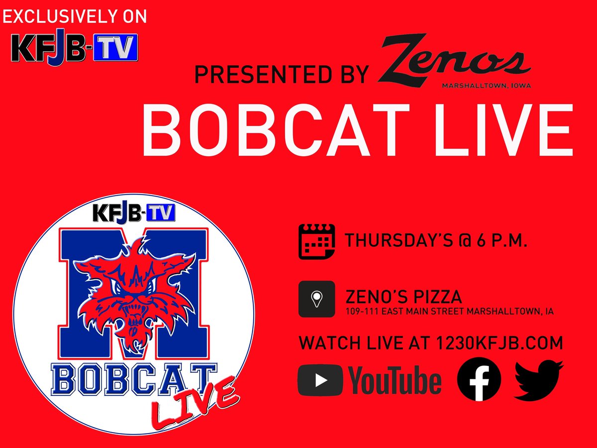 KFJBTV's tweet photo. Bobcat Nation‼️ Join us for 🍕 and Bobcat Live at Zeno’s in downtown Marshalltown tonight at 6p. 

@Brandon_L_Lewis &amp; @Dylan_JB_Does will be joined by @MHSBobcatHoops, @mhsgball1 and we will talk Girls/Boys @MHSCatsBowling! 

Come out and support @MHSBobcats Athletes! https://t.co/SEdglLrQgt