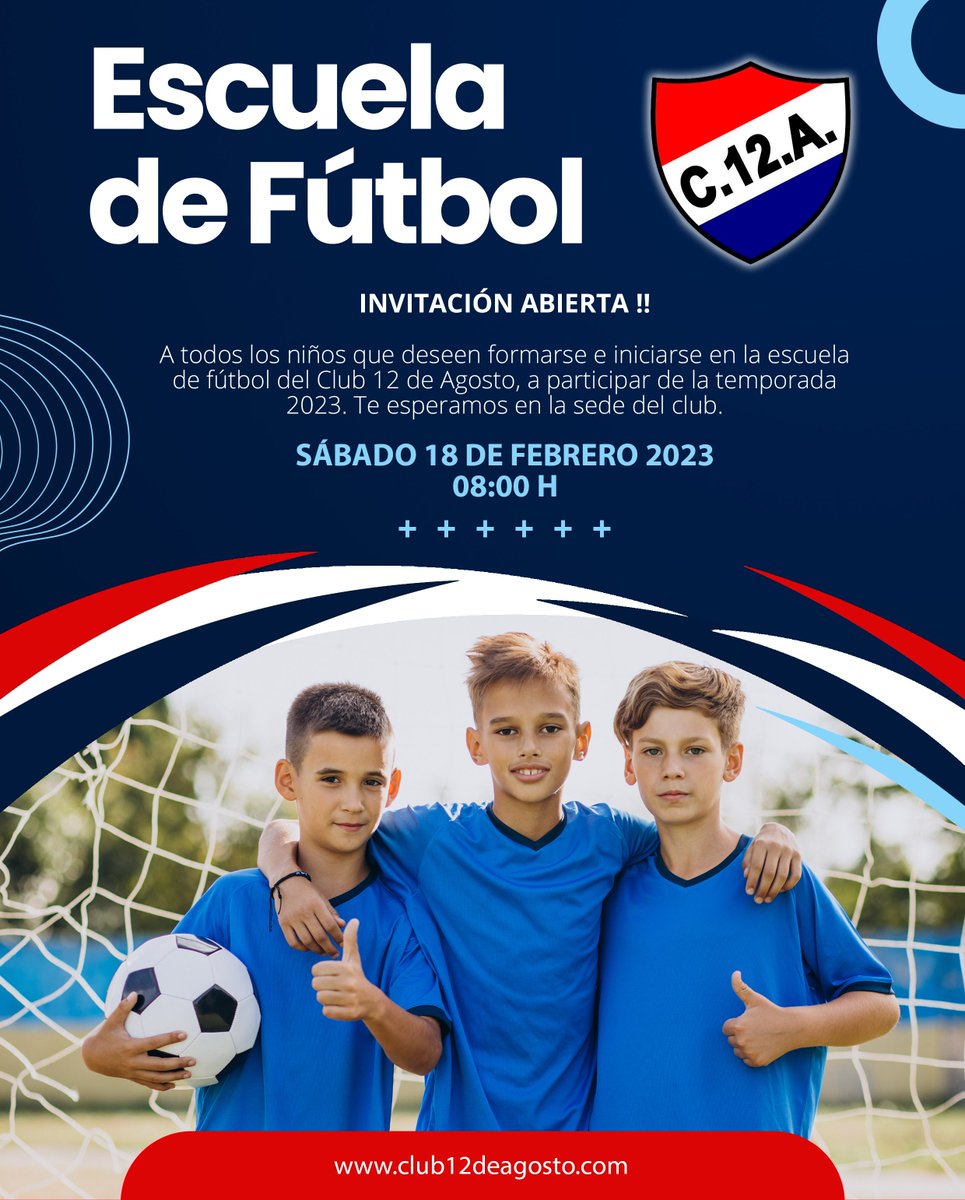 club12deagosto's tweet photo. #Invitación
Este sábado 18 de febrero; invitamos a todos los niños que deseen formar parte de la 𝐄𝐒𝐂𝐔𝐄𝐋𝐀 𝐃𝐄 𝐅𝐔́𝐓𝐁𝐎𝐋 del 12 🔴⚪🔵
Información e inscripciones desde las 08:00 h🕗
🤩 Les esperamos! 🤩

#escueladefutbol #piribebuy #c12a https://t.co/6nKAh3U945