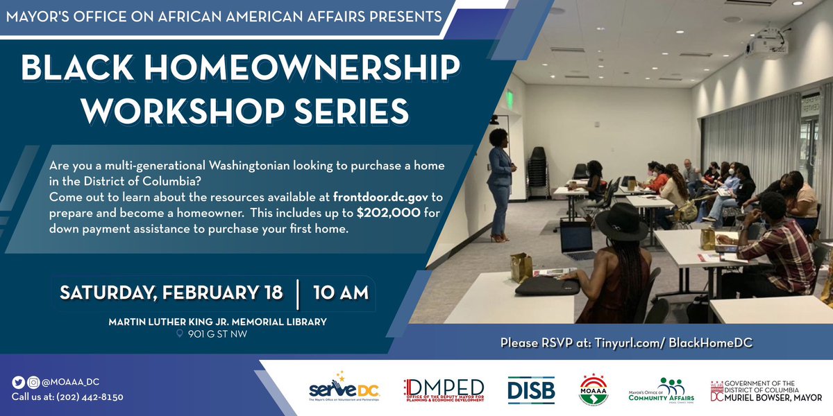 MoisesDelroDC's tweet photo. #GetReadyDC 

In October of 2022, @MayorBowser set a goal to help 20,000 black residents become homeowners by 2030. 🏡💰

Join us this Saturday for the Black Homeownership Workshop and take the first steps toward homeownership! 

📍MLK Library 
⌚️10:00AM
🔗https://t.co/XsV3bp3SV0 https://t.co/EHI5erli8X