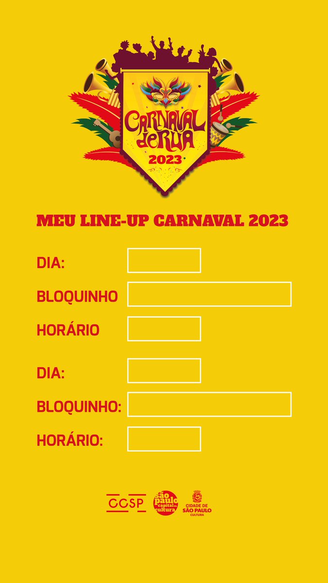 ccsp_oficial's tweet photo. Já sabe pra quais bloquinhos vocês vão durante o Carnaval? 👀
Monta seu Line-up e compartilha com a gente! 🎊❤️
#ccsp #smc #lineup #CarnavalSP23 #carnavalsmc https://t.co/fxTyrgX8Vy