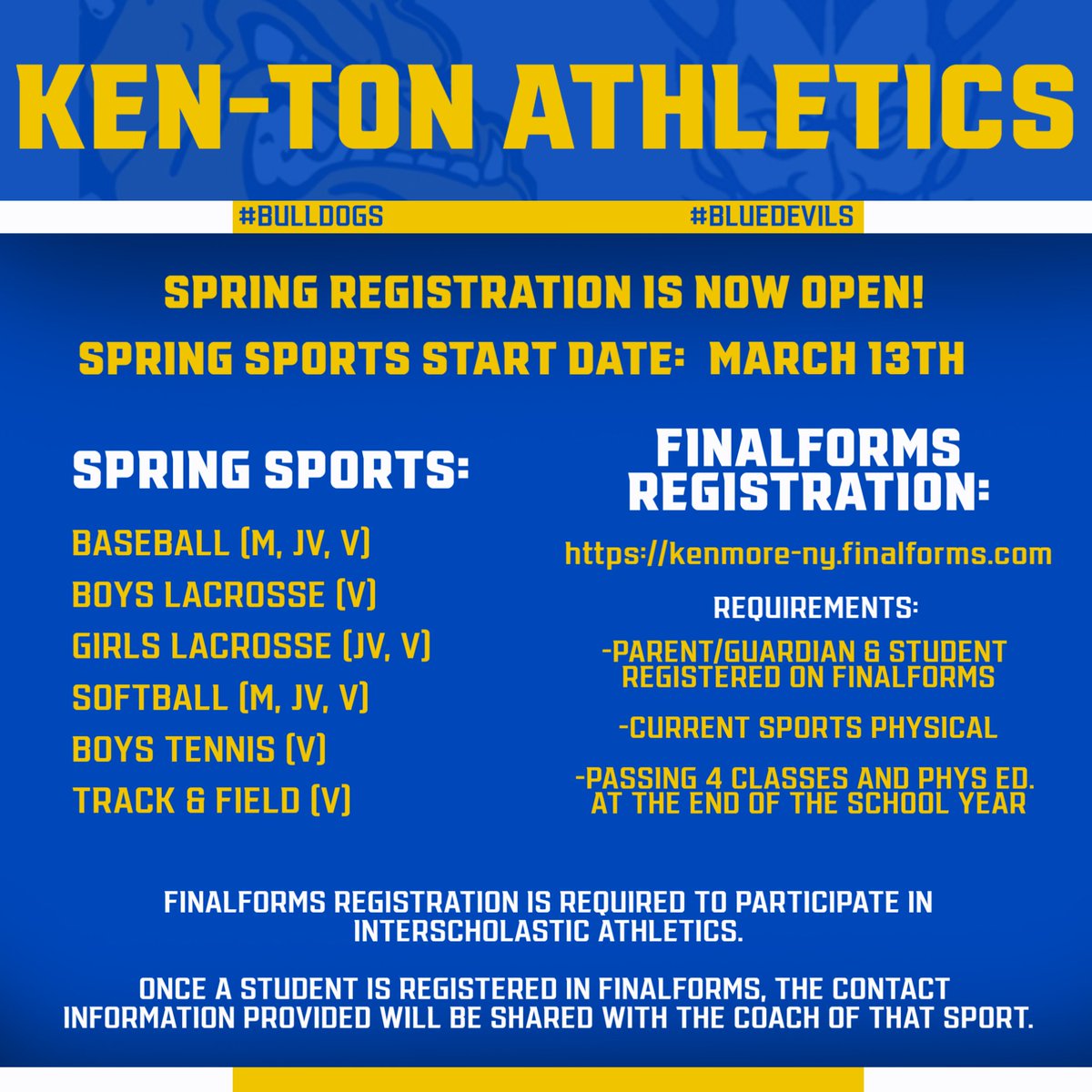 Registration is now open for spring sports! Visit FinalForms to register today!