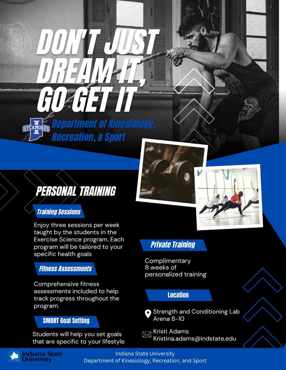 FREE personal training with Exercise Science students is being offered again this semester! Email Kristi Adams at the email in the flyer for more details! #ISU #Sycamores #KRS #ExerciseScience