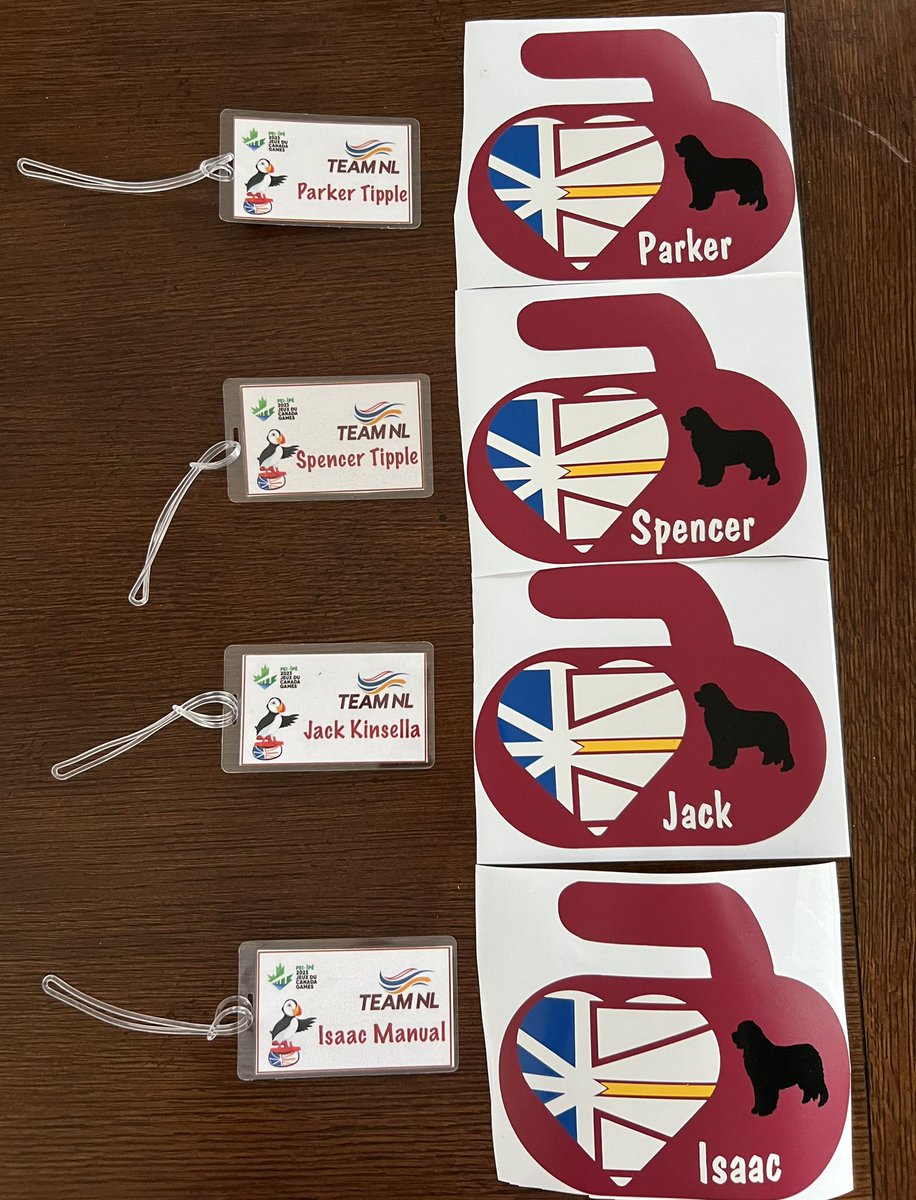 Big shout out and thanks to @leslieannewalsh for making these awesome @teamnl luggage tags 🏷️ and NL decals for the upcoming @2023CanadaGames 👏 🥌 #goteamnl #cwg2023