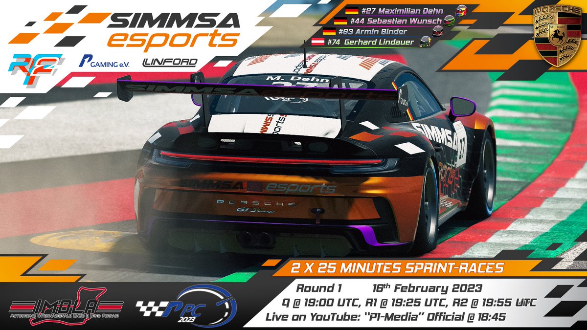 SIMMSA_Esports's tweet photo. Round 1 of the @p1gamingev Porsche Cup Championship at Imola ๐ฎ๐น today!
A.Binder ๐ฉ๐ช
M.Dehn ๐ฉ๐ช
G.Lindauer ๐ฆ๐น
S.Wunsch ๐ฉ๐ช
best of luck for all our drivers today in our Porsche 911 GT3 Cup (992)โs ๐ช๐ป๐
huge shout out to #GLDesigns for our beautiful liveries ๐จ๐คฉ
#GLDesigns https://t.co/qXgsUEx2KR