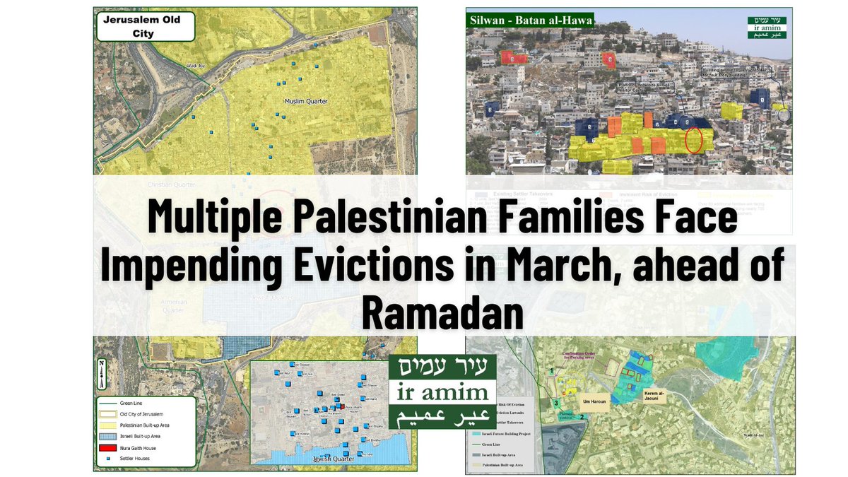 IrAmimAlerts's tweet photo. 🚨Latest Alert 
Multiple Palestinian families (80+ people), in Sheikh Jarrah, Silwan &amp; the Old City - inc the family of veteran Ir Amim staff member - concurrently face impending eviction threats by state-backed settlers in March ahead of Ramadan
👇More
https://t.co/Q9C4GLUZxp
1/ https://t.co/nV2JnnE2br