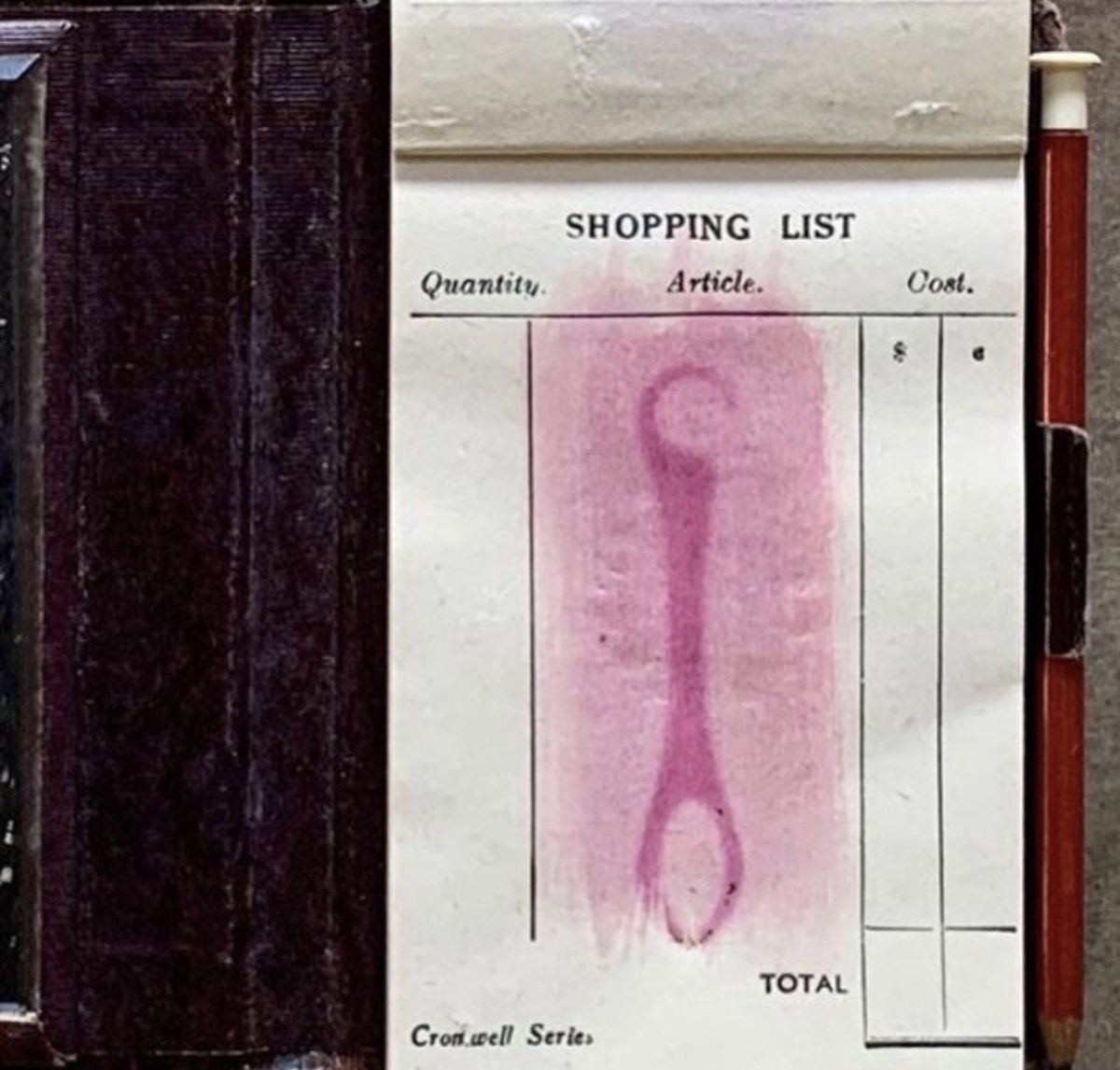 lumilyon's tweet image. Grave Goods (2020) button hook #Anthotype geranium petal &amp;amp; vintage Avon Moonwind perfume emulsion on page of shopping list with integral mirror &amp;amp; pencil #naturalmagic experiments in photography  ⁦@bodleianlibs⁩ 17.03 - 04.06 2023 ⁦@rpswomeninphoto⁩ #womenshistory