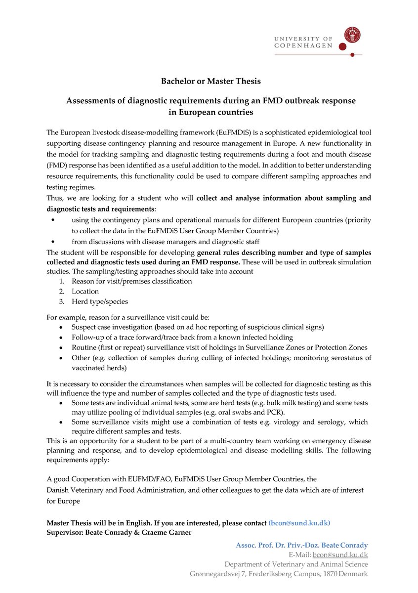 #MasterThesis #EuFMD #UCPH: Do you want to be part of a multi-country team working on emergency disease modeling? This a great opportunity (see below). We are looking forward to collaborating with you! #europe #university #modeling
