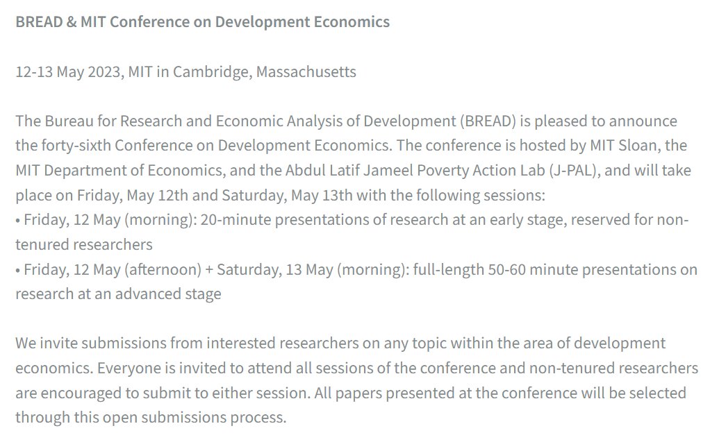 BREAD conference Spring 2023 will be @MIT @MITSloan @JPAL Papers: submit at the link below by Tues Feb 28 Am joined on the program committee by #AbhijitBanerjee #DavidAtkin #DaveDonaldson #NamrataKala #KarenMacours @Ben_Olken @FrankSchilbach @guoxu_econ ibread.org/announcements/
