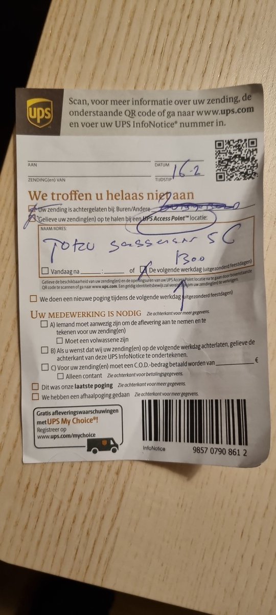 Hallo <a href="/UPS_Netherlands/">UPS_Nederland</a>, is dit briefje echt van jullie? Ik heb niks besteld en de QR code geeft me ook geen bezorggegevens waar ik iets aan heb..