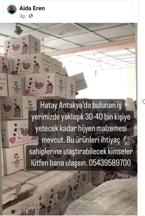 hatay antakyada hijyen malzemesi mevcutmuş. ihtiyaç sahibine ulaştıracak kişiler aranıyor. <a href="/AFADBaskanlik/">AFAD</a> <a href="/HatayBSB/">Hatay Büyükşehir Belediyesi</a> <a href="/ahbap/">Ahbap</a>