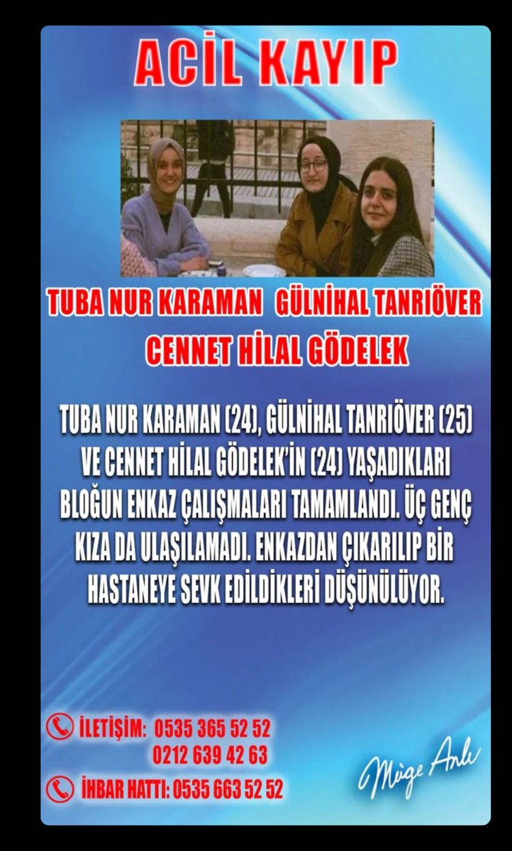 ❗❗KAYIP İLANI ❗❗

📌Tuba Nur KARAMAN
📌Hilal GÖDELEK
📌Gülnihal TANRIÖVER

Lütfen RT yapalım 🙏
#rönesansrezidans