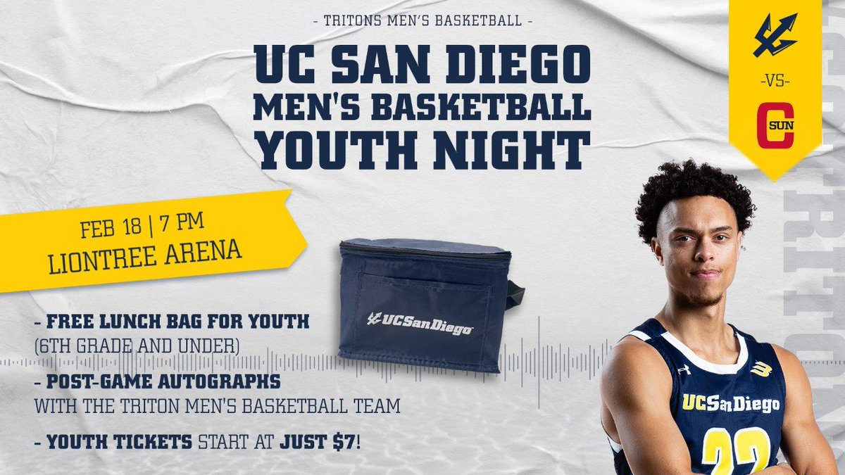 YOUTH NIGHT AT LIONTREE🏀‼️
Watch our men's team finish out the season STRONG.

🏀Giveaways and autographs
📅Saturday, February 18
⏰7:00 PM
📍LionTree Arena
🎟️Youth tickets starting at $7
📞858-534-1430