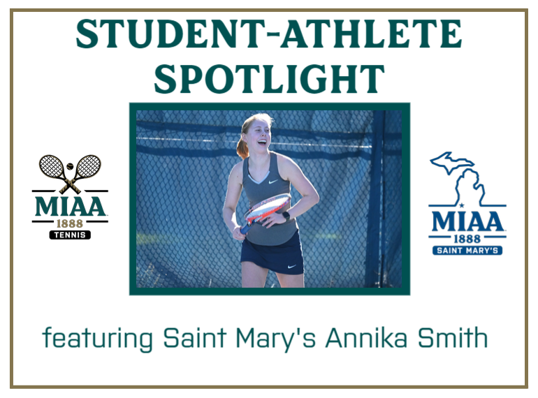 MIAA1888's tweet photo. ⭐ #D3MIAA Student-Athlete Spotlight ⭐

@smcbelles tennis player Annika Smith sits down with the MIAA to discuss studying abroad in Budapest, persevering through seasons of COVID, and more! 🎾

WATCH -- https://t.co/gFqjHJPJV0

#MIAAwten https://t.co/bQ0vMOnwIs