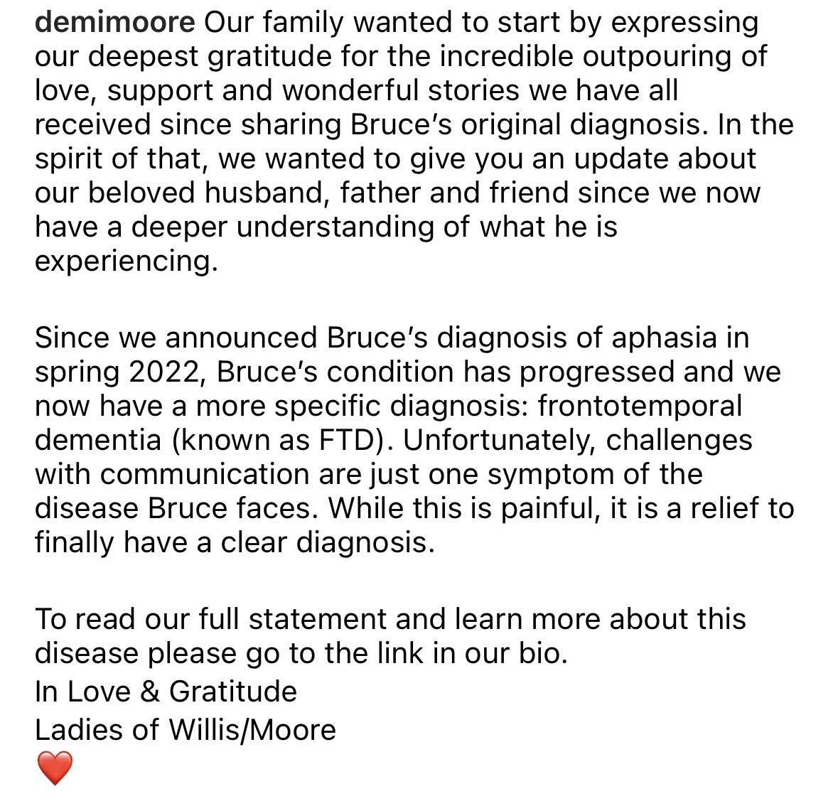 My heart goes out to Bruce Willis and his family, & also my gratitude for shining a much needed light on this disease. When people step forward it helps all of us. When people get a diagnosis it’s extremely difficult, but also for most a relief to get a diagnosis.