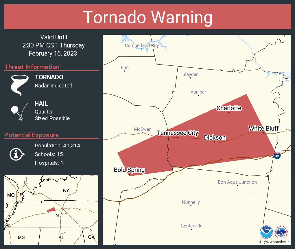 NWSNashville's tweet image. **THIS WARNING HAS BEEN CANCELLED**

Tornado Warning continues for Dickson TN, White Bluff TN and  Burns TN until 2:30 PM CST