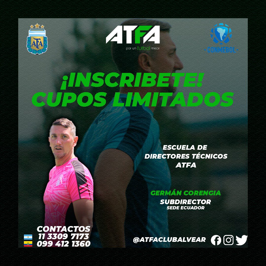 vinotinto_ec's tweet photo. CUPOS LIMITADOS | Escuela de Directores Técnicos ATFA 

Inscríbete ya! 

Cuniburo FC | Más allá de un equipo de fútbol ⚽️ 

#CuniburoFC #Dt #entrenadores https://t.co/pIdy6hQ6KU