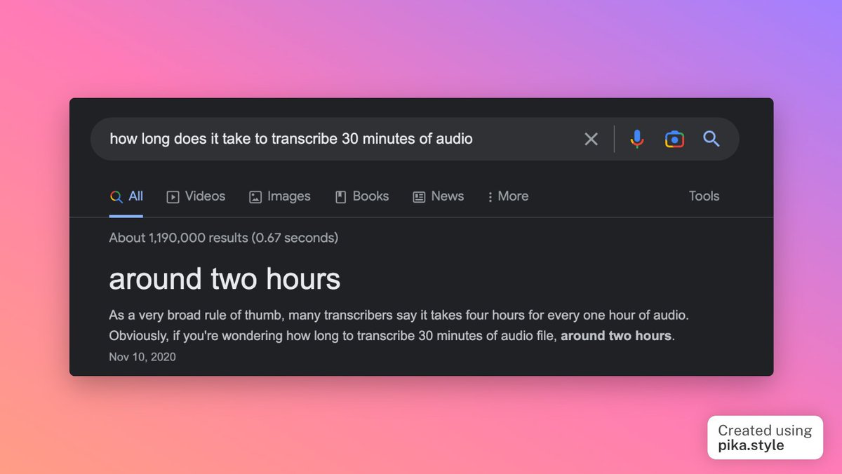 this is the *first result* on Google.

We can transcribe 30 minutes of audio in 8 minutes with <a href="/VoicepenAI/">VoicePen AI ✨</a> 

Whisper magic.