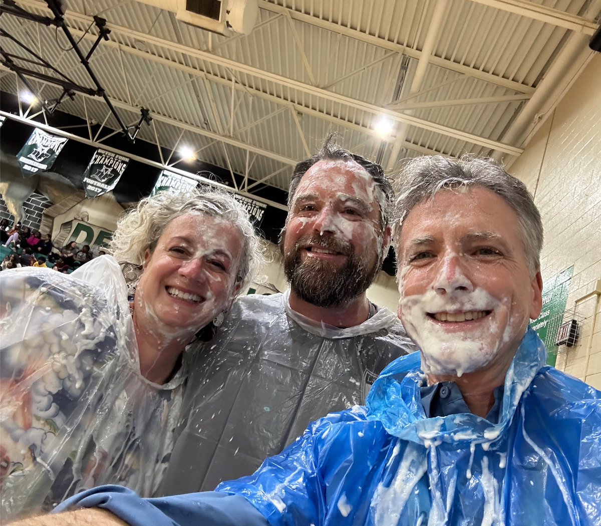 barrylindler's tweet photo. Yep, pie in the face at the Pep Rally, with Jane Miller and Chris Moore! Love my work family! #dfpride #foxPride #d5heartwork #LilysMomma @LexRich5Schools @dutchforkhigh https://t.co/wAQ1J2fLwc